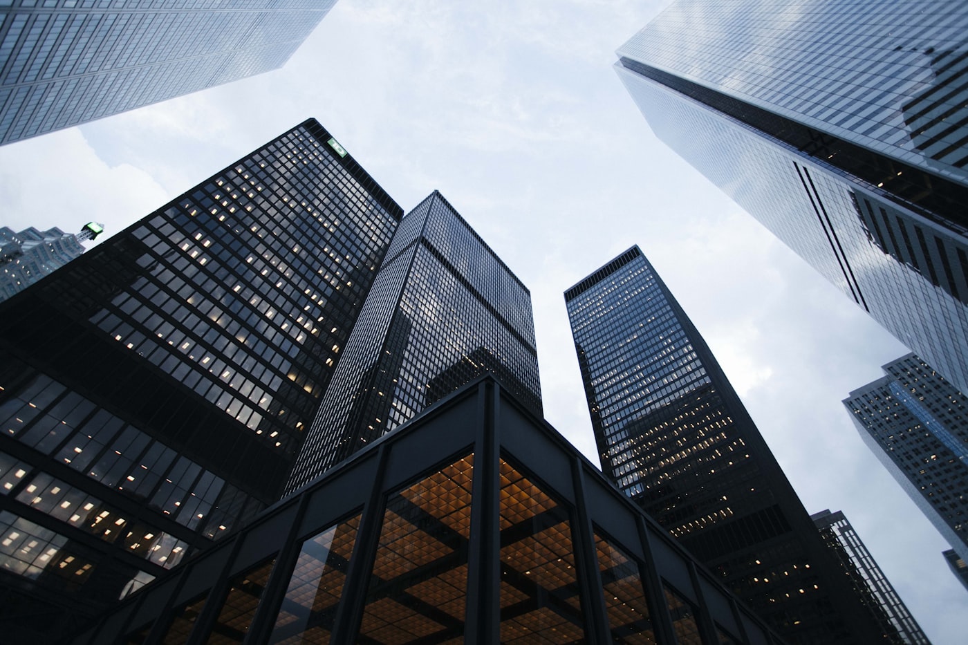 Commercial high-rise buildings viewed from street level